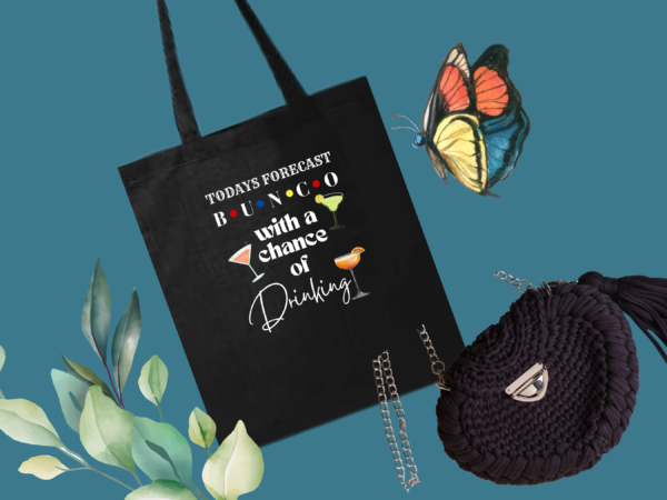bunco tote bag with drinks and dice, funny bunco bag for game night