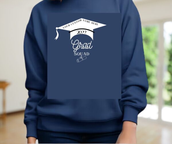 Custom Grad Squad sweatshirt with graduation cap and diploma design
