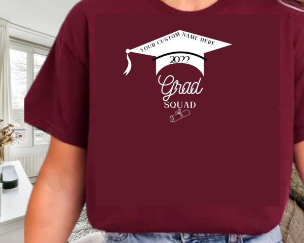 Custom Grad Squad T-Shirt with Cap, Year 2025, Diploma & Personalized Name – 7 Colors