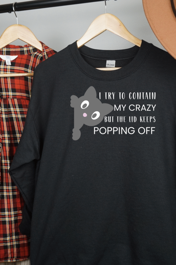 Funny Cat Sweatshirt - I Try to Contain My Crazy But the Lid Keeps Popping Off - Cat Lover Gift Crewneck