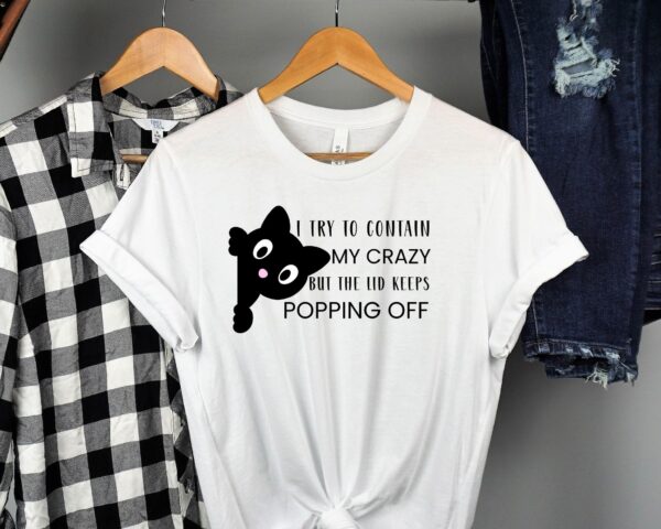 Funny Cat T-Shirt  “I Try to Contain My Crazy But the Lid Keeps Popping Off” Cute Graphic Tee for Cat Lovers, Humor Gift - Image 2