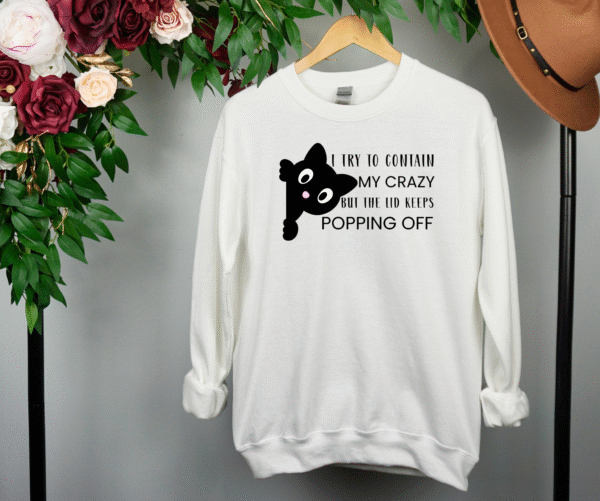 Funny Cat Sweatshirt | “I Try to Contain My Crazy But the Lid Keeps Popping Off” | Cozy Unisex Cat Lover Gift - Image 2