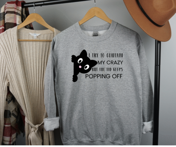 Funny Cat Sweatshirt | “I Try to Contain My Crazy But the Lid Keeps Popping Off” | Cozy Unisex Cat Lover Gift - Image 3