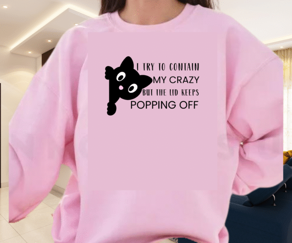 Funny Cat Sweatshirt | “I Try to Contain My Crazy But the Lid Keeps Popping Off” | Cozy Unisex Cat Lover Gift - Image 4
