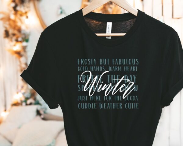 Winter Word Collage T-Shirt – Sparkle Like Snow & Cozy Winter Sayings