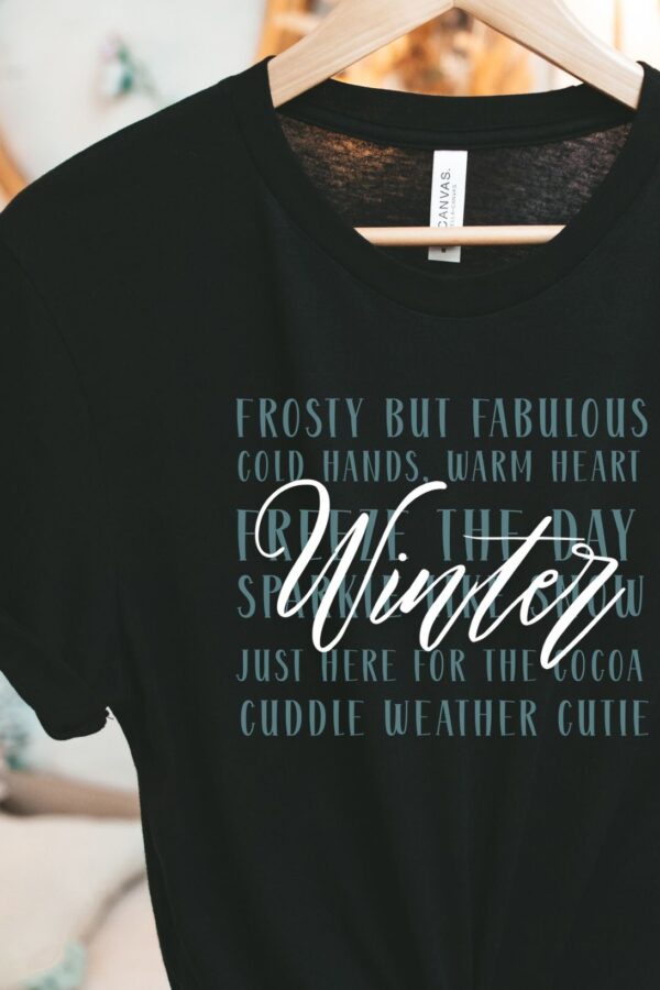 Winter Word Collage T-Shirt – Sparkle Like Snow & Cozy Winter Sayings