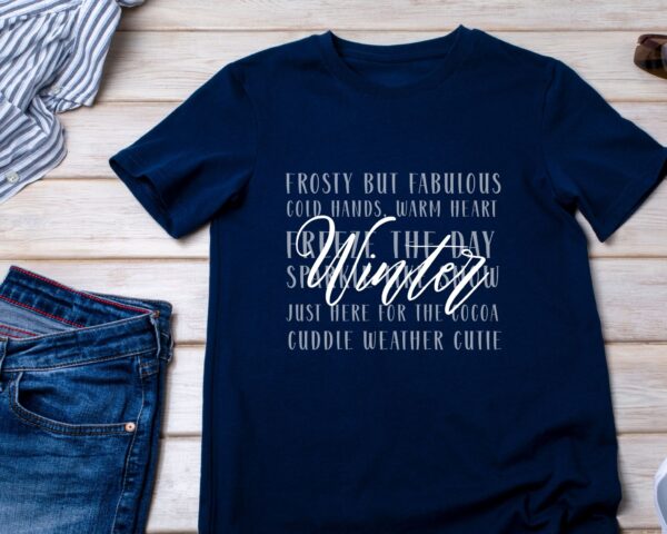 Winter Word Collage T-Shirt – Sparkle Like Snow & Cozy Winter Sayings - Image 4