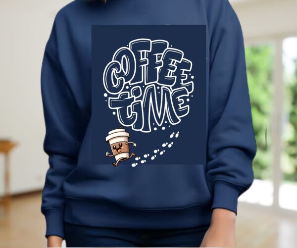 Coffee Time Sweatshirt | Cozy Bubble Letter Coffee Lover Pullover | Running Coffee Mug Graphic - Image 7