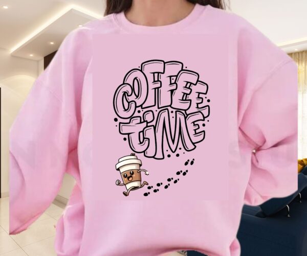 Coffee Time Sweatshirt | Cozy Bubble Letter Coffee Lover Pullover | Running Coffee Mug Graphic - Image 4