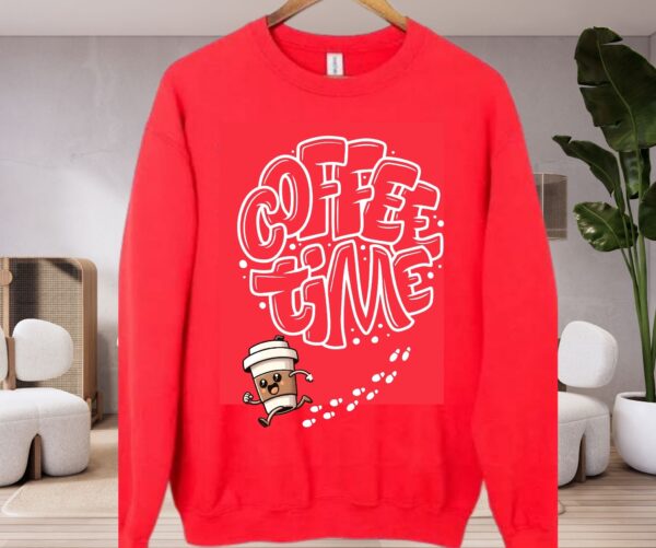 Coffee Time Sweatshirt | Cozy Bubble Letter Coffee Lover Pullover | Running Coffee Mug Graphic - Image 6