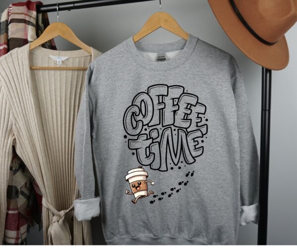 Coffee Time Sweatshirt | Cozy Bubble Letter Coffee Lover Pullover | Running Coffee Mug Graphic - Image 3