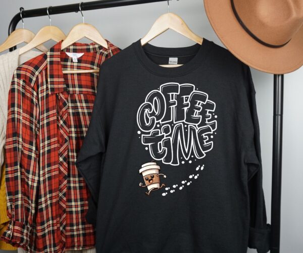 Coffee Time Sweatshirt | Cozy Bubble Letter Coffee Lover Pullover | Running Coffee Mug Graphic