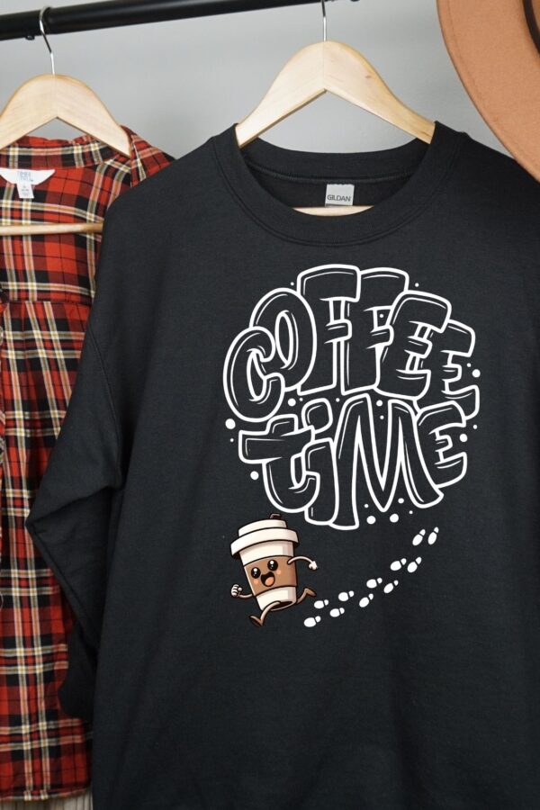 Coffee Time Sweatshirt | Cozy Bubble Letter Coffee Lover Pullover | Running Coffee Mug Graphic