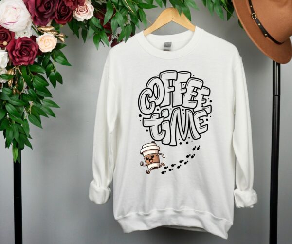 Coffee Time Sweatshirt | Cozy Bubble Letter Coffee Lover Pullover | Running Coffee Mug Graphic - Image 2