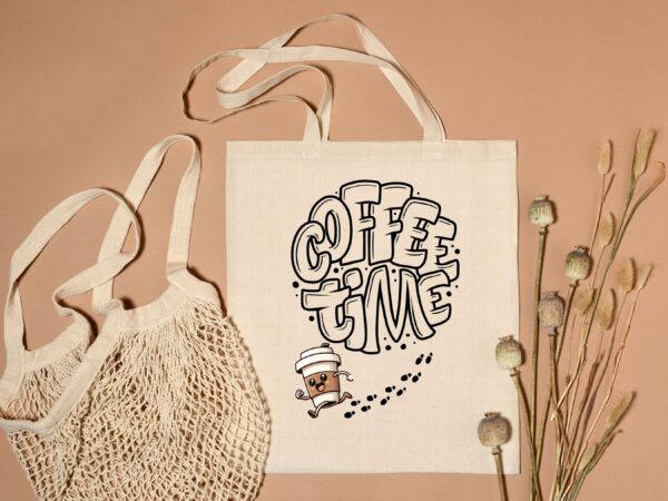 Coffee Time Tote Bag with bubble letters and running coffee mug, eco-friendly reusable shopping bag for coffee lovers.