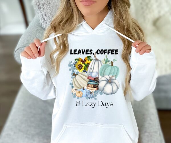 Leaves, Lattes & Lazy Days Fall Graphic Tee | Aqua Blue Pumpkin Coffee Shirt | Cozy Autumn Apparel by JoyShop10 - Image 2