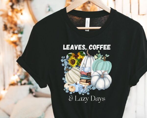 Aqua blue pumpkin coffee T-shirt with sunflower heart – Leaves, Lattes & Lazy Days fall graphic tee.