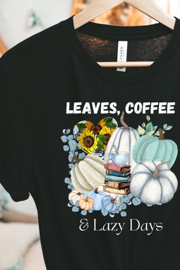 Aqua blue pumpkin coffee T-shirt with sunflower heart – Leaves, Lattes & Lazy Days fall graphic tee.