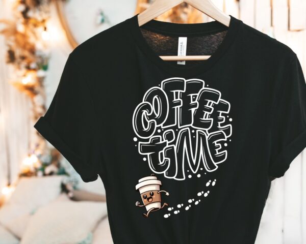 White unisex Coffee Time graphic t-shirt showing playful bubble letter text and running coffee mug steps.