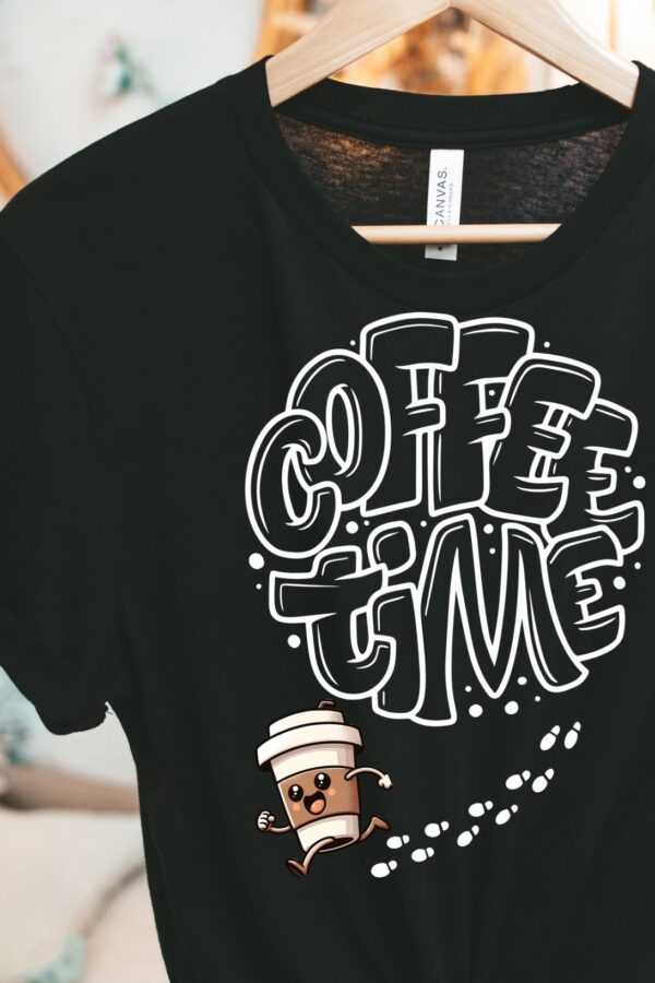 White unisex Coffee Time graphic t-shirt showing playful bubble letter text and running coffee mug steps.