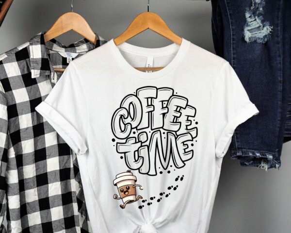 Coffee Time T-Shirt | Fun Coffee Lover Tee | Bubble Letter Graphic with Running Coffee Mug - Image 2