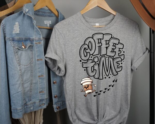 Coffee Time T-Shirt | Fun Coffee Lover Tee | Bubble Letter Graphic with Running Coffee Mug - Image 3