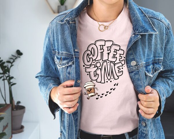 Coffee Time T-Shirt | Fun Coffee Lover Tee | Bubble Letter Graphic with Running Coffee Mug - Image 4
