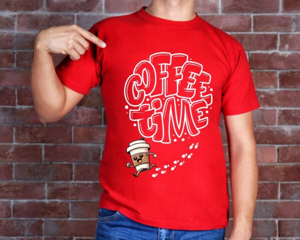 Coffee Time T-Shirt | Fun Coffee Lover Tee | Bubble Letter Graphic with Running Coffee Mug - Image 5