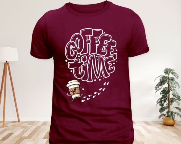 Coffee Time T-Shirt | Fun Coffee Lover Tee | Bubble Letter Graphic with Running Coffee Mug - Image 6